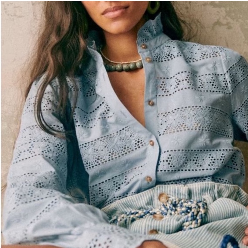 Sezane Cassy Blue Eyelet Shirt
